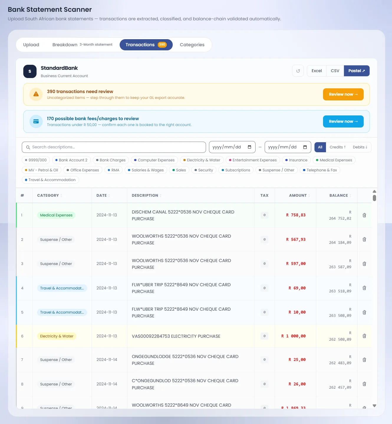 Finad's bank statement scanner, listing each transaction from a Standard Bank statement with its category, amount and running balance